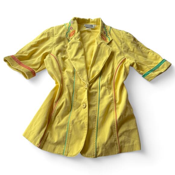 AMAZING Vintage Super Funky Yellow Embroidered Western Cotton Blazer Sz 10 - Picture 1 of 3